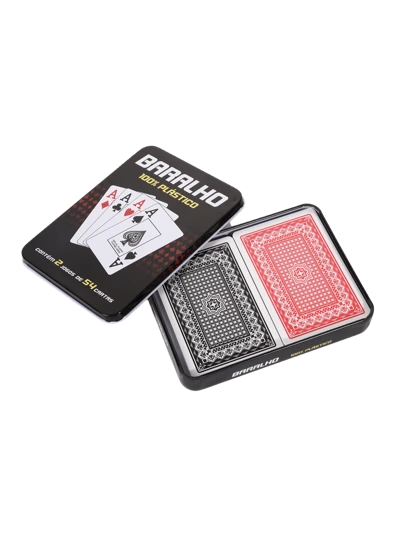 2pcs/Set Plastic Playing Cards, Small Text, Metal Tin Box, 5.7*8.7 Inch, Creative, High-End Gift, Red & Black Mixed Color, 25 Mil, BARALHO, Family Entertainment, Family Gathering, Number Recognition, Games, Washable, Waterproof, 100% Plastic, Valentine's Day Gift, Wedding Games, Lovers Games