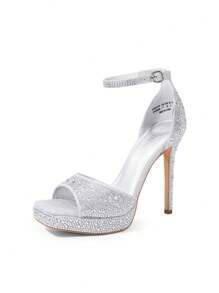 Women Rhinestone High Platform Heeled Sandals, Ankle Strap Open Toe High Stilettos Party Dress Sandals, For Wedding, Party, Prom - 銀色 - 查看 4