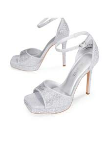 Women Rhinestone High Platform Heeled Sandals, Ankle Strap Open Toe High Stilettos Party Dress Sandals, For Wedding, Party, Prom - 銀色 - 查看 5