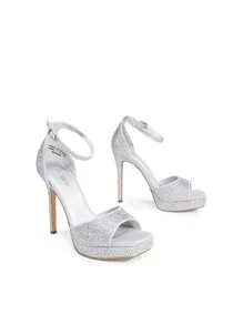 Women Rhinestone High Platform Heeled Sandals, Ankle Strap Open Toe High Stilettos Party Dress Sandals, For Wedding, Party, Prom - 銀色 - 查看 7