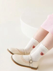 5 双女童白色蕾丝边袜子，粉色心形蝴蝶结，卡通熊，花卉图案，反向针织，春/秋，夏季，新款优雅美学波西米亚公主风格，适合学校、正装鞋、休闲装 - 彩色 - 查看 6