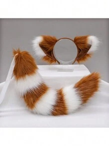 1套狐狸耳朵頭箍和尾巴套裝，毛茸茸的動物耳朵COS尾巴配件，手工製作的狐狸耳朵頭箍和尾巴套裝，用於服裝派對裝飾 - 彩色 - 查看 13