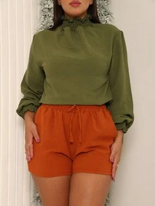 Blusa Gola Alta Feminina Social Manga Longa Franzida Princesa - Verde Militar - Visão 4