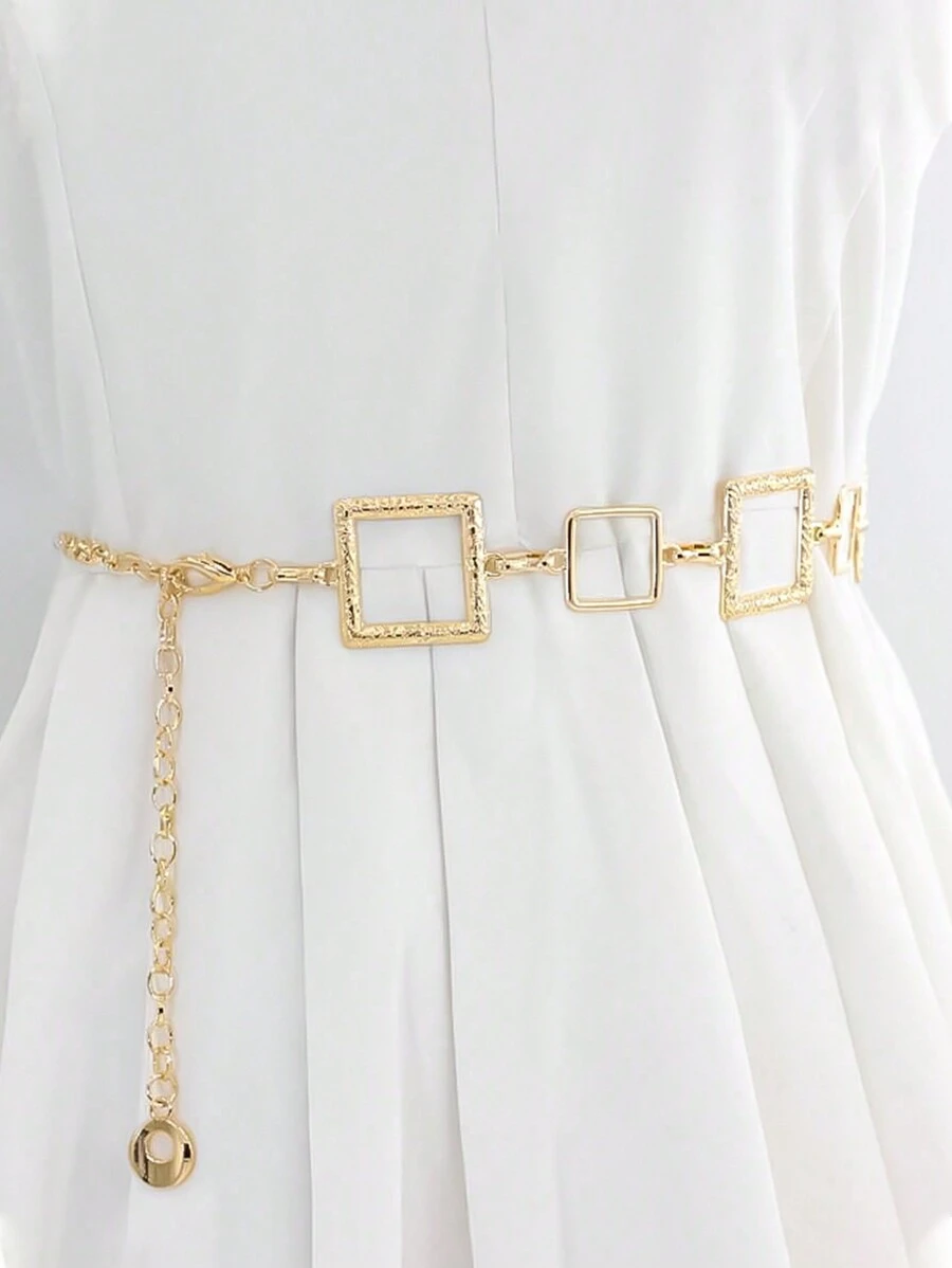 Street 1pcAdjustable Metal Square Waist Chain Belt Body Chain Suitable For Ladies And Girls Dress Dress Jeans Pants Belt Fashion Accessories Halloween Summer, School Fall, Autumn, Halloween - Gold - View 1