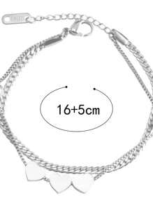 1pc Stainless Steel Fashionable Heart Double-Layered Bracelet Valentines - Silver - View 3