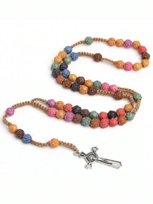 1pc Affordable Stylish Religious Rosary Beaded Necklace, Colorful Catholic Rosary Prayer Beads, Cartoon Baptism Cross Pendant Sweater Chain, Christian Cross Necklace
