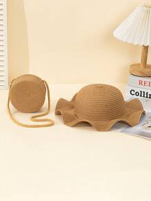 2pcs Kids' Beige Wave Design Sun Hat And Crossbody Woven Bag Set, Perfect For Daily, Vacation And Travel