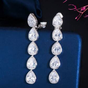 SEQUITO 2 件高品质镀银密镶 5 件 AAA 方晶锆石长水滴无穿孔夹式耳环女式无孔耳饰适合婚礼派对