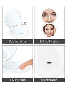 Rechargeable Portable LED Makeup Mirror, Solid Color Light Handheld 2X Magnifying Mirror, Adjustable Fill Light, Compact Foldable With Light - White - View 7