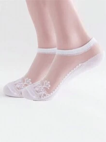 4 Pairs/Pack Ladies' Jacquard Lace Solid Color Stockings, Anti-Hook Thin Low-Cut Invisible Socks - White - View 3