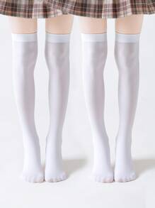 2 pares de medias blancas rectas hasta la pantorrilla y por encima de la rodilla, calcetines de estudiante - Blanco - Ver 1