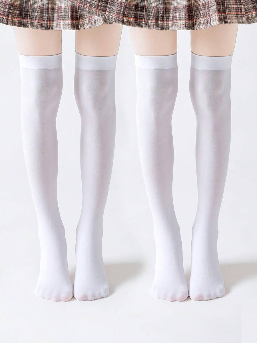 2 pares de medias blancas rectas hasta la pantorrilla y por encima de la rodilla, calcetines de estudiante - Blanco - Ver 1