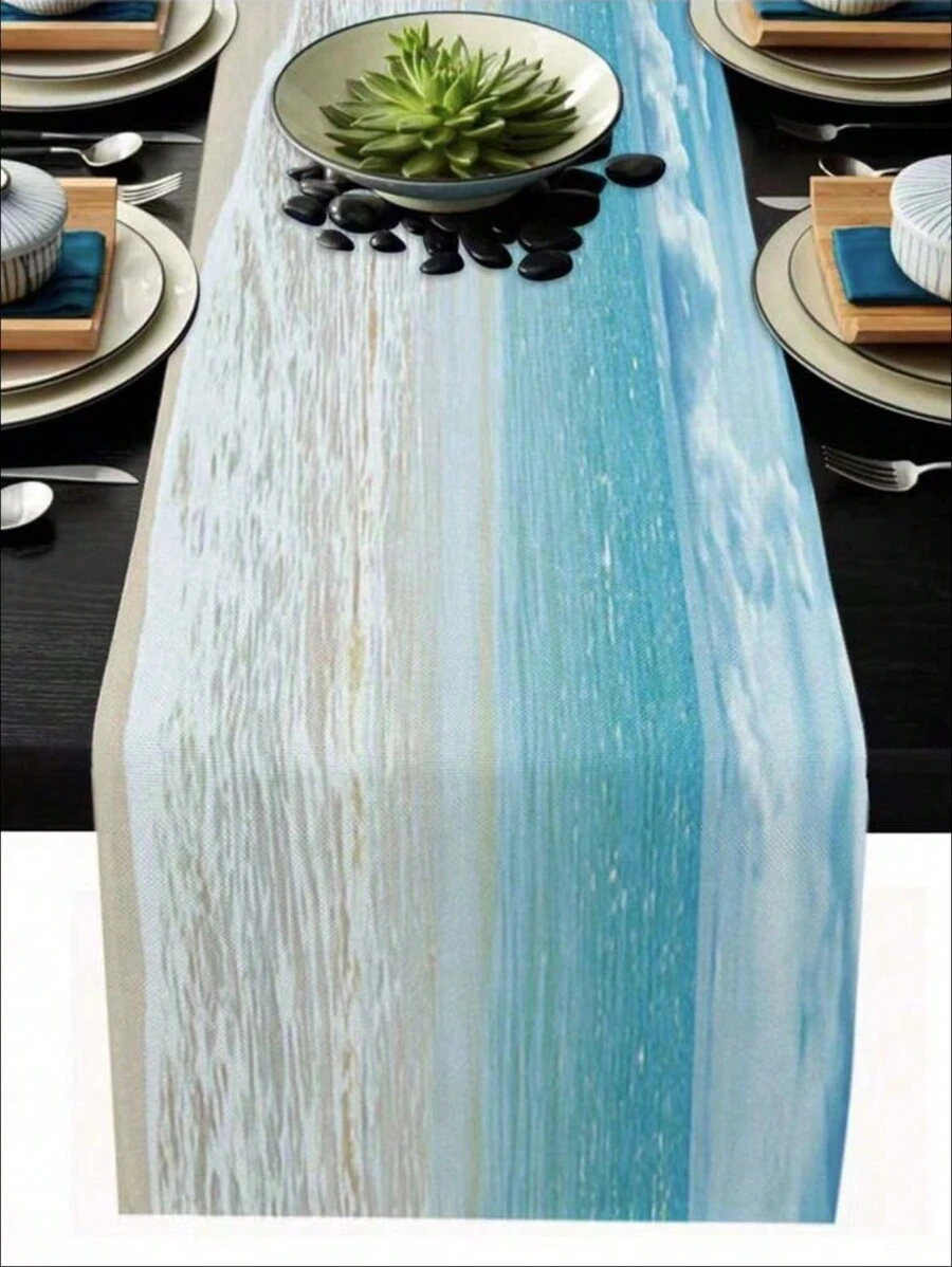 1pc Beach Style Printed Linen Table Flag For Party, Restaurant, Blue