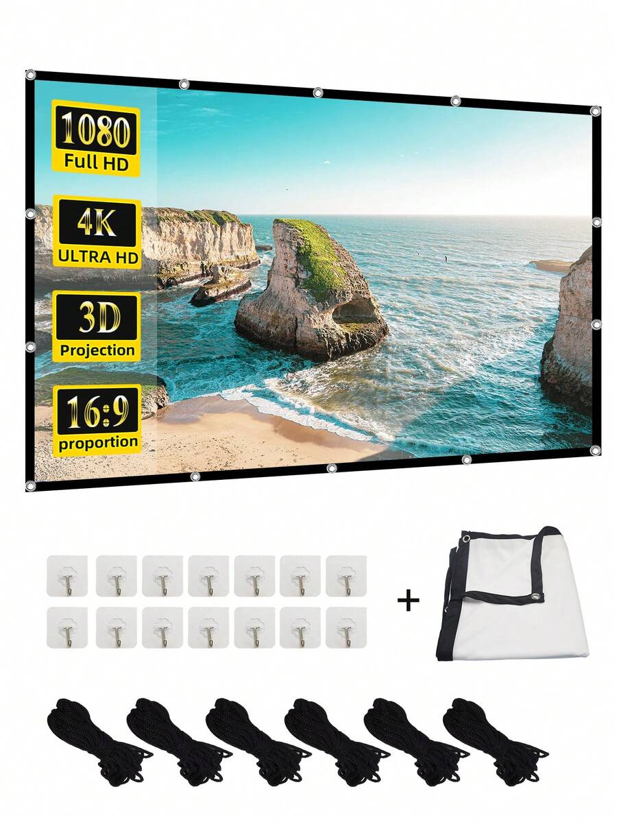150-Inch White Projection Screen Portable Foldable Anti-Crease 16:9 Hd Hanging Movie Screen For Outdoor, Indoor, Camping, Conference Room - 150 Inches - View 1