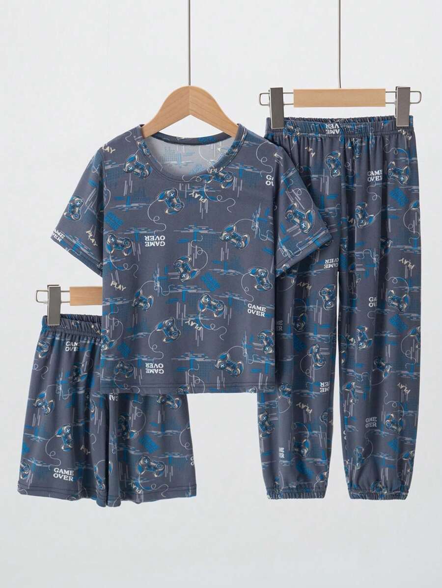 3pcs Young Boys' Game Controller Printed Short Sleeve Top, Shorts And Long Pants Set Matching Set - Multicolor - View 1