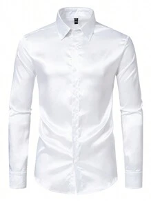 Camisa de vestir de manga larga de seda brillante para hombre, camisa de esmoquin, camisa suave ajustada de seda de manga larga, camisa de traje de boda de negocios - Blanco - Ver 4