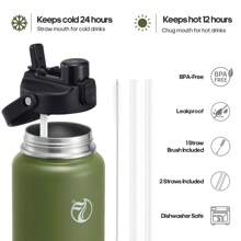Insulated Water Bottle With 2-In-1 Lid (Chug Lid/Straw Lid),40oz/64oz Double Walled Vacuum Stainless Steel Water Bottles, Water Jug With Straw, Wide Mouth Insulated - 橄欖綠 - 查看 4