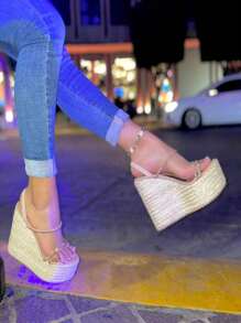 SHEIN SANDALIAS ALPARGATAS BRILLOS PLATAFORMA MUJER MODA CUÑAS - Beis - Ver 2