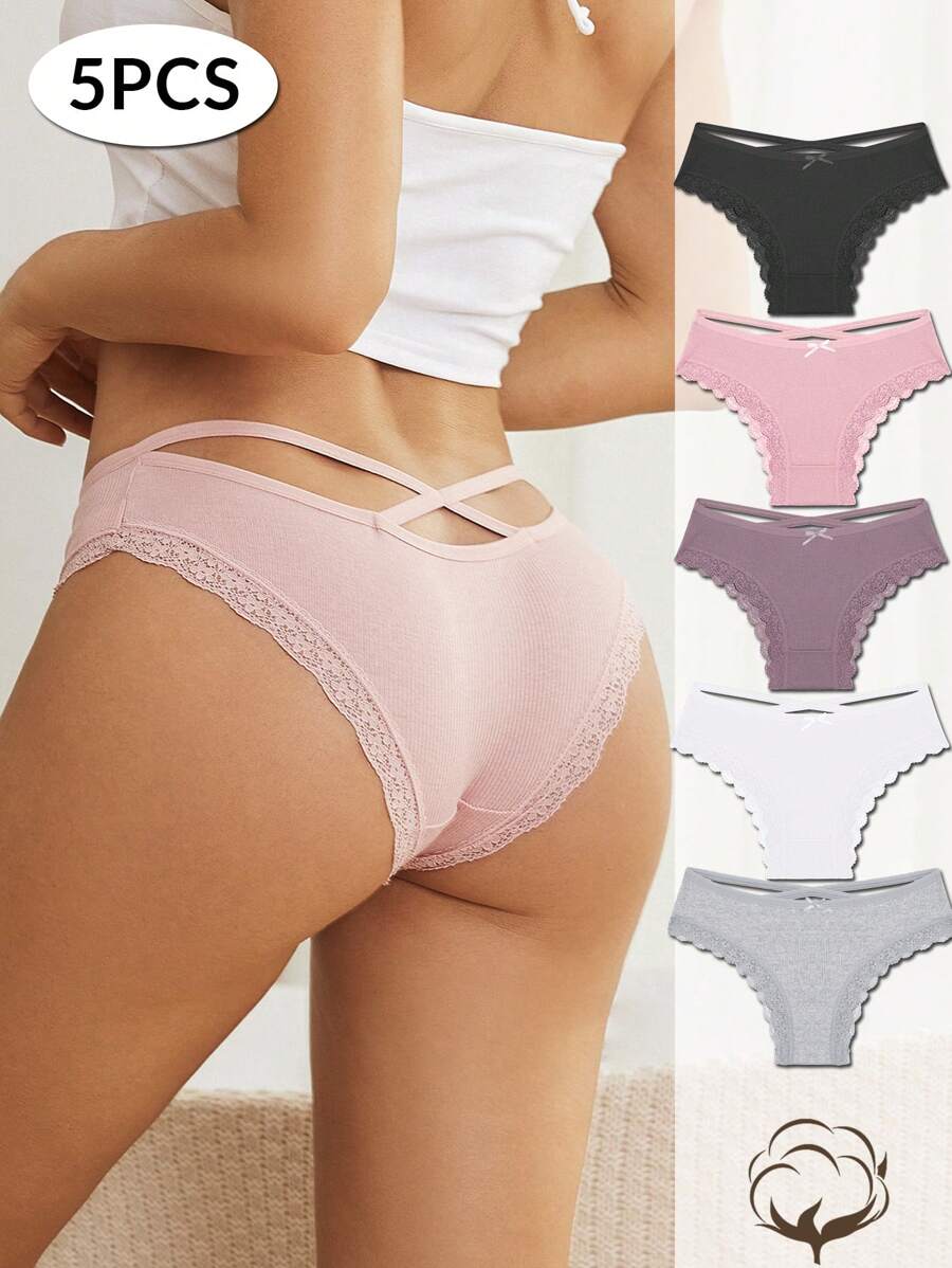 FINETOO Set Of 5 Women's Comfortable Patchwork Lace Triangle Panties In Rural Style - Multicolor - View 1