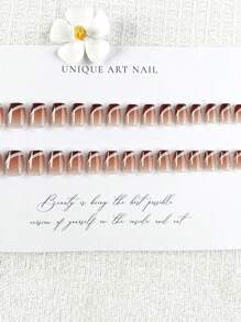 30pcs Coffin-Shaped Short False Nail Tips Set In Coffee Brown Color With Simple Geometric French Nail Design, Press On Nails Suitable For Women And Girls Nail Supplies - Coffee Brown - View 2
