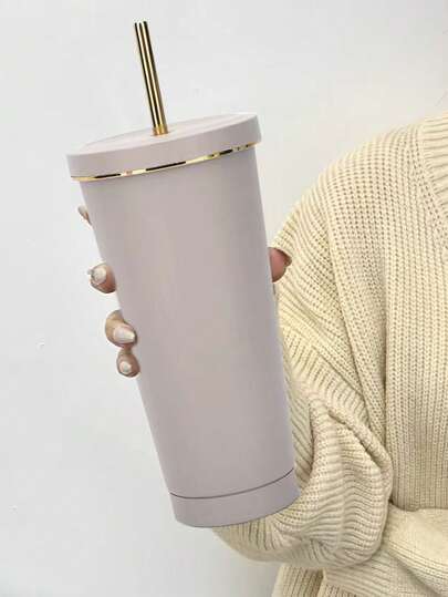 1pc Light Gray Stainless Steel Vacuum Insulated Cup With Straw, Large Capacity Coffee Mug For Car And Gift Water Bottle