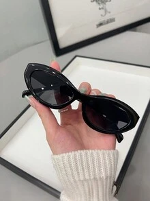 1 chiếc kính mát thời trang gọng hình bầu dục mắt mèo cổ điển dành cho nữ, phong cách Châu Âu/Mỹ - Xám - Xem 1