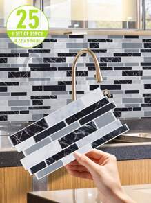 SUPSTICKER 1/25pcs Gray & Black Faux Marble Texture Waterproof Oil-Resistant 2D Effect Kitchen Backsplash Sticker, 9.84x4.72 Inches - Multicolor - View 4