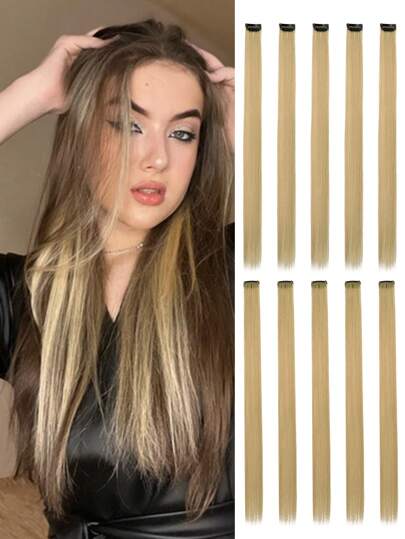 10pcs Extension De Cheveux Clip-ins Pour Filles 22 Pouces Mèches Arc-en-ciel Droites Synthétiques , Remplisseurs De Bas Pour Soirée De Filles, Accessoires Colorés Pour Les Cheveux, Cadeaux D'halloween Pour Femmes