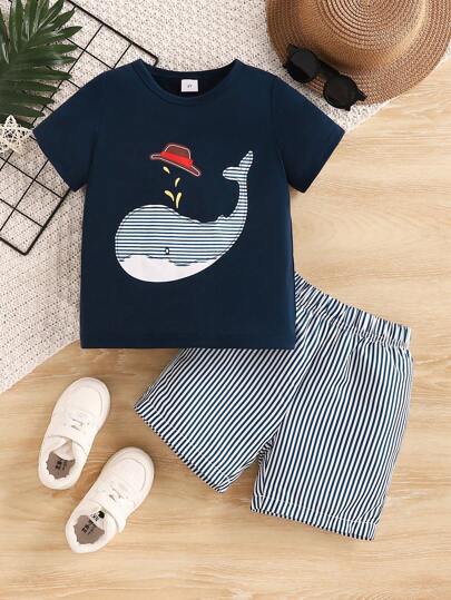 Young Boy's Casual Striped Shorts Set With Whale Pattern T-Shirt For Summer College Style