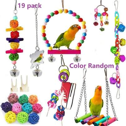 19pcs Bird Parrot Swing Hanging Toy Set Colored Wooden Hanging Hammock Ladder Bird Playground With A Bell Parrot Perch Bird Supplies Parrot Toy Birdcage Accessories Bird Supplies Stair Mirror Swing Bell Bird Toy Suit Random Color