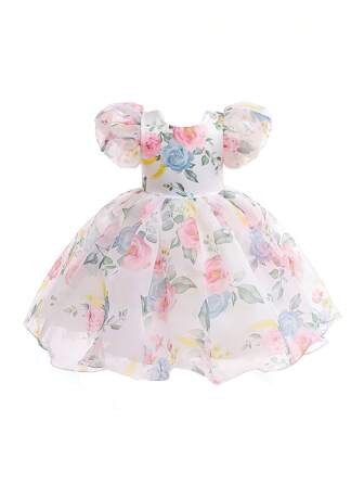 少女花卉印花泡泡袖公主裙，帶網紗裙