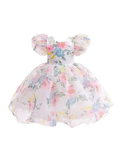 少女花卉印花泡泡袖公主裙，帶網紗裙