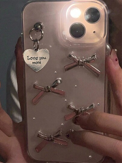 Apple Korea Heart Pendent 3D Silver Bowknot Case Compatible With Iphone 16 15 14 13 12 11 Pro Max Plus Girl Clear Cover Epoxy Shell