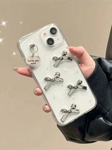 苹果韩国心形吊坠 3D 银色蝴蝶结外壳适用于 iPhone 16 15 14 13 12 11 Pro Max Plus 女款透明保护套滴胶外壳 - 蝴蝶結 - 查看 3