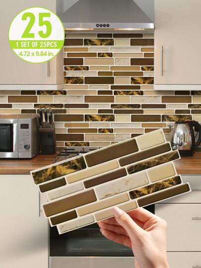 SUPSTICKER 1/25/40pcs Faux Marble Texture 2D Effect Kitchen Backsplash Stickers, Self-Adhesive Heat Resistant, Deep Brown Earth Tone, Waterproof Durable Thick, Peel And Stick, Home Decor Wallpaper, 9.84x4.72 Inches