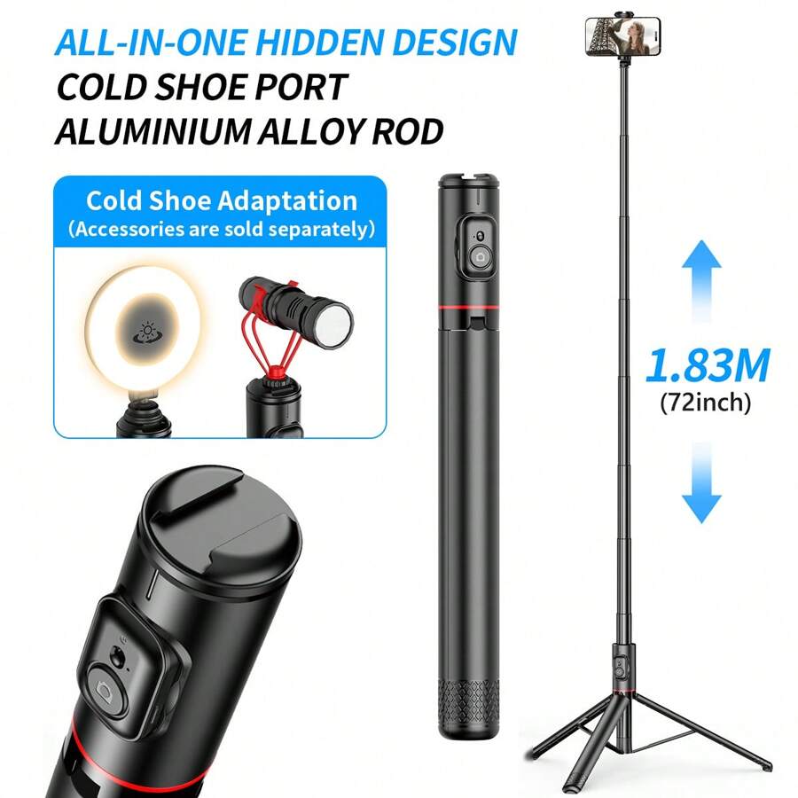 AXNEN 183cm (72 Inches) Professional Selfie Stick Tripod, Portable Travel All-In-One Hidden Design, Extendable Aluminum Alloy Super Long Pole With Cold Shoe Mount, 360° Rotatable Phone Holder With Wireless Remote, Compatible With IOS And Android Phones, Suitable For Selfie, Video Recording, Vlogging, Live Streaming, Etc. - màu đen - Xem 1