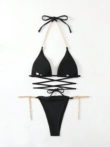 时尚性感两件套比基尼套装，带金属链和绳索三角形上衣设计 - 黑色 - 查看 3