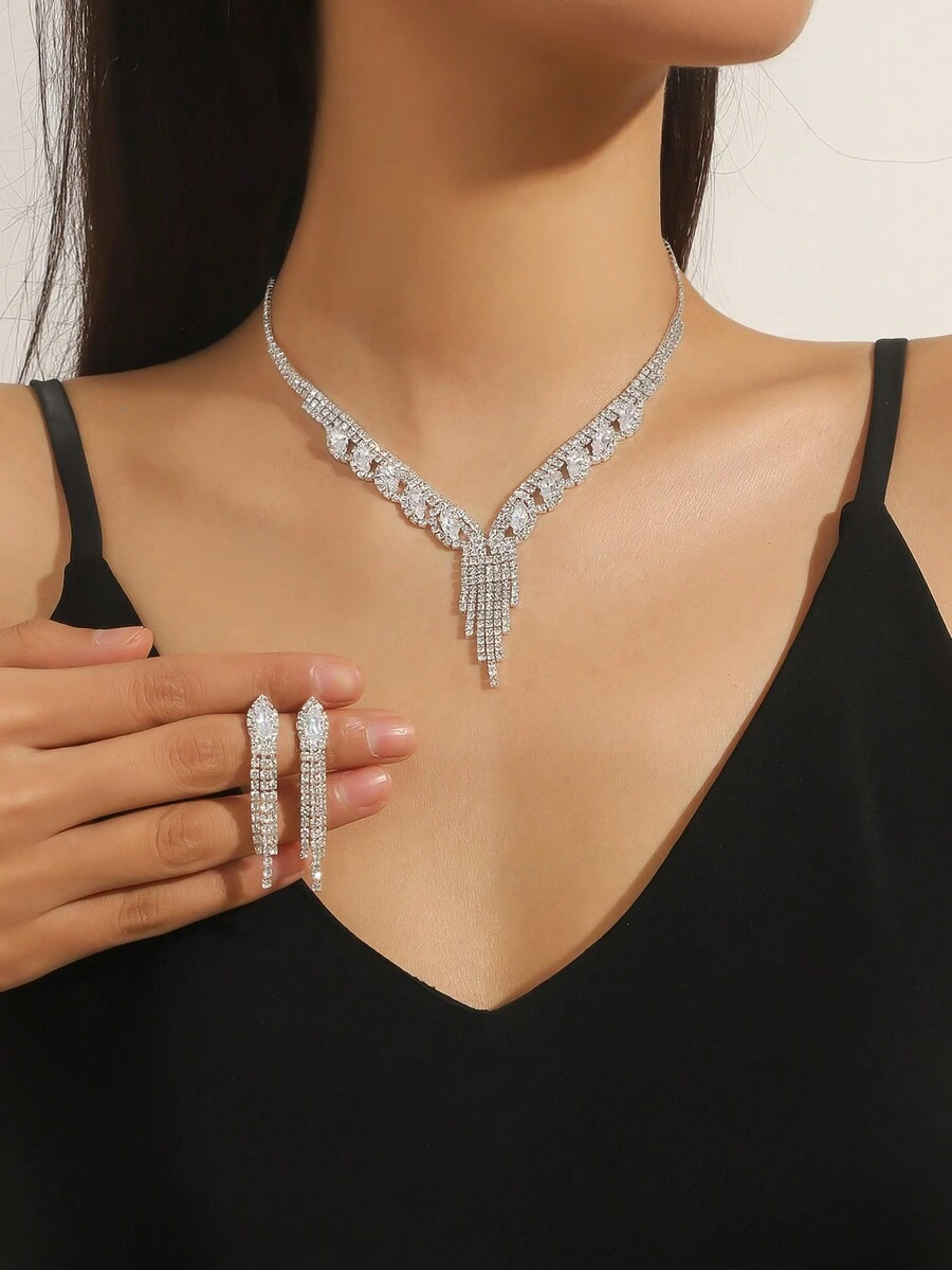 3pcs Diamante Necklace & Earrings Set - Silver - View 1