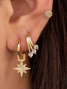 Toppiercing 1個極簡風格銅質星六角星和蝴蝶形軟骨耳釘,鑽石立方體裝飾 - 金黃色 - 查看 1