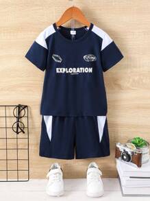 Young Boy Casual Sporty Color Block T-Shirt And Shorts Set For Spring And Summer - Black - View 1