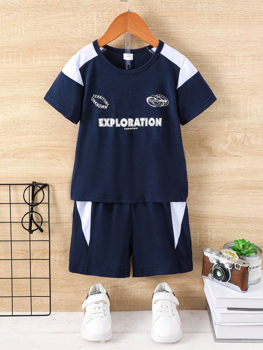 Young Boy Casual Sporty Color Block T-Shirt And Shorts Set For Spring And Summer - Black - View 1