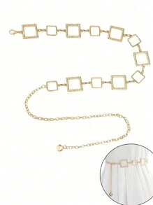 Street 1pcAdjustable Metal Square Waist Chain Belt Body Chain Suitable For Ladies And Girls Dress Dress Jeans Pants Belt Fashion Accessories Halloween Summer, School Fall, Autumn, Halloween - Gold - View 2