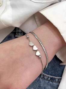 1pc Stainless Steel Fashionable Heart Double-Layered Bracelet Valentines - Silver - View 2