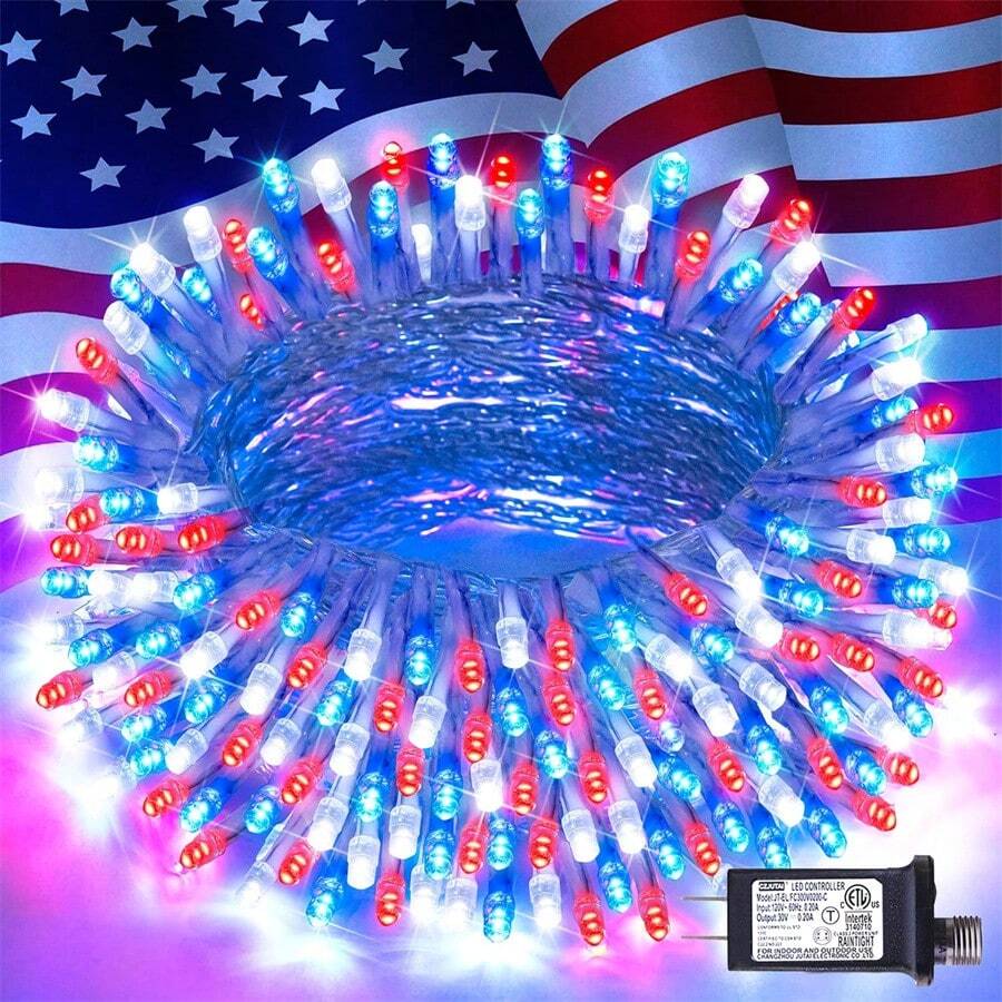JMEXSUSS 4th Of July Decorations 100 LED String Lights Indoor, 33ft Red White And Blue Lights Plug-In, 8 Modes Patriotic 4th Of July Lights For Indoor Outdoor Independence Day American Flag Holiday - Red White Blue - View 1