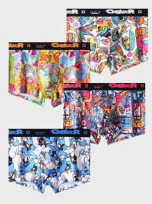 男士4入組卡通印花時尚透氣短褲 - 彩色 - 查看 2
