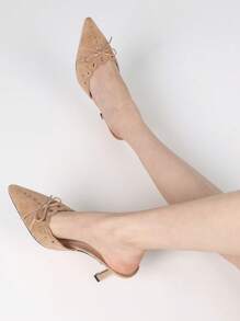 Heeled Mules For Women Pointed Toe Suede Stiletto High Heels Fashion Bow Tie Slip On Pumps Woman - Apricot - View 6