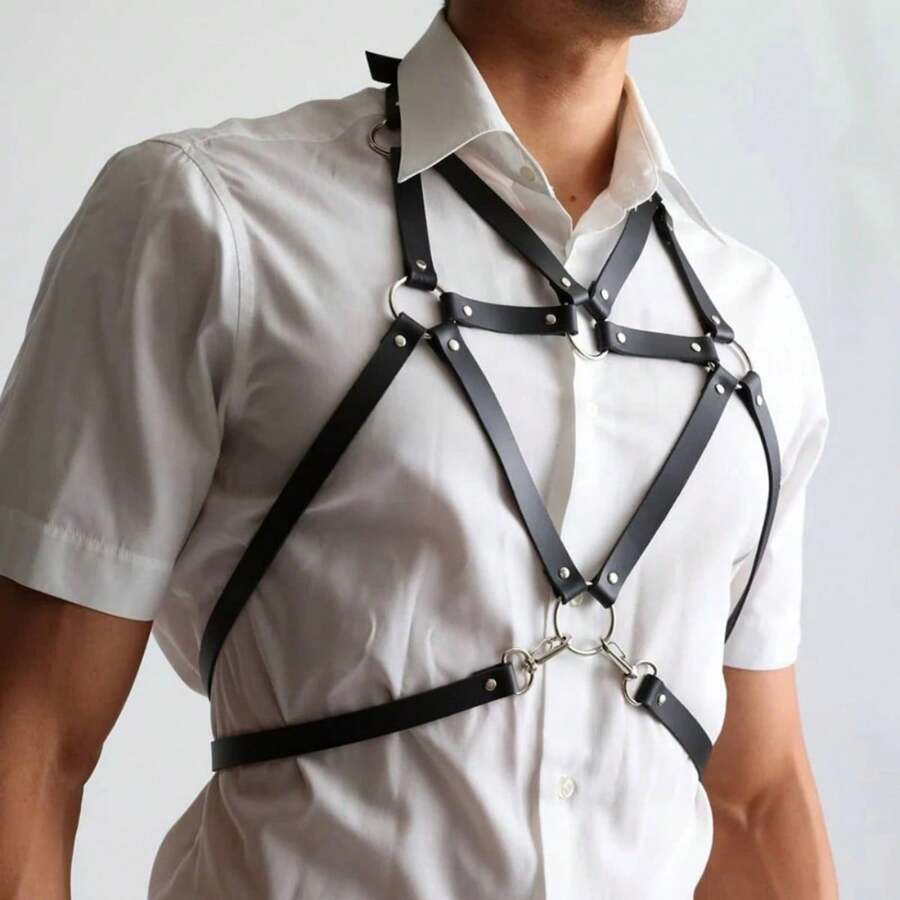 1pc Men's Leather Personalized Bondage Chest Strap And Shoulder Strap - Black - View 1