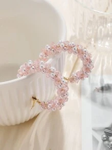 1pc Women's Fashionable & Personalized Pink Circle Earrings, Faux Pearl & Crystal Decor - Baby Pink - View 2