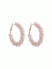 1pc Women's Fashionable & Personalized Pink Circle Earrings, Faux Pearl & Crystal Decor - Baby Pink - View 5