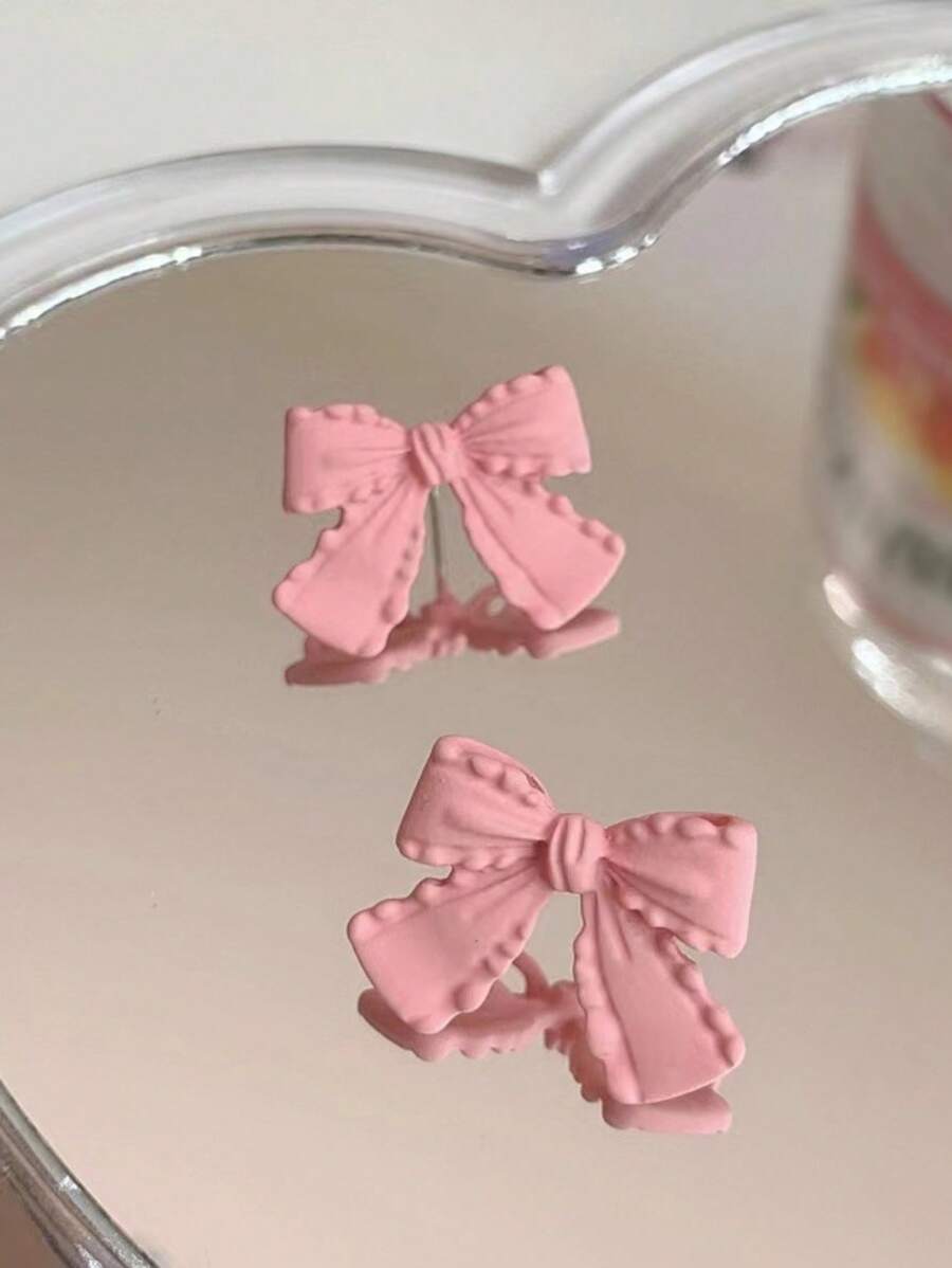 1 对新款时尚简约优雅粉色蝴蝶结形耳环喷漆耳钉女士情人节礼物 - 彩色 - 查看 1